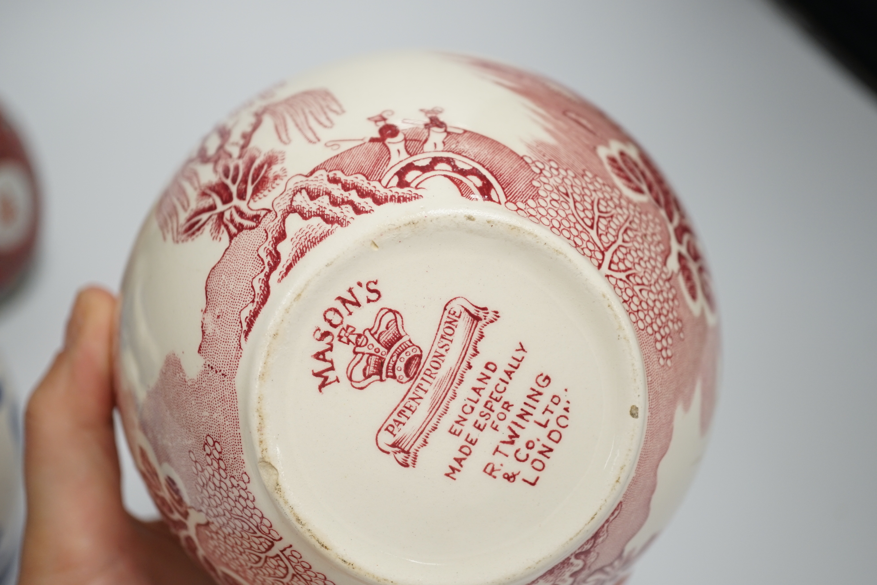 Two Chinese jars, and two Masons ironstone jars, three with covers, tallest 13cm high